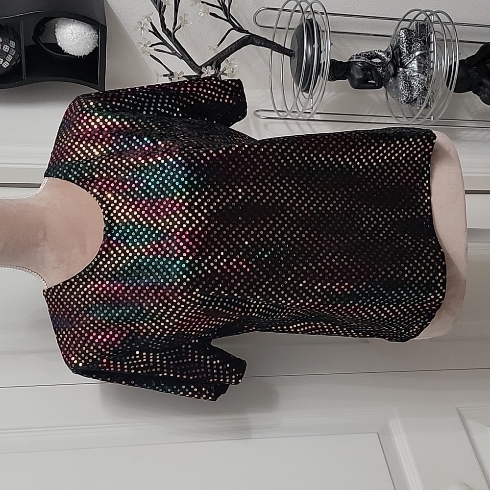 Kathy Lee, Size M Vintage Black with Rainbow Multi-Color Sequin Patterned Top